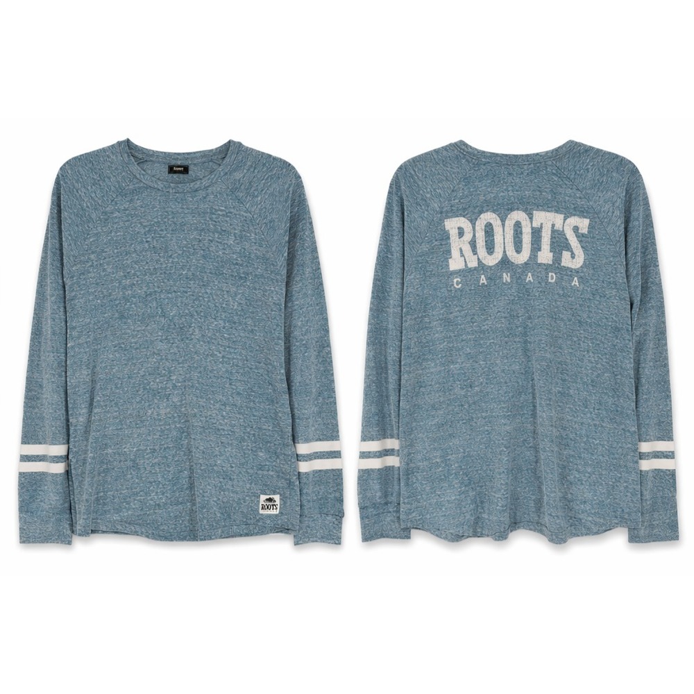 Roots‎ Canada Mens XL Heather Blue Slub Crew Neck Preppy Heritage Casual Y2K